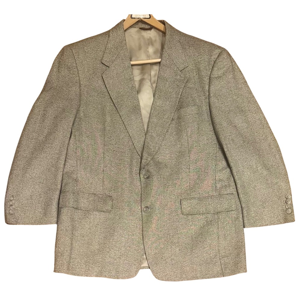 Hart Schaffner Marx Blazer Vintage 100% Silk Micro Check Grey Tan Mens 48R